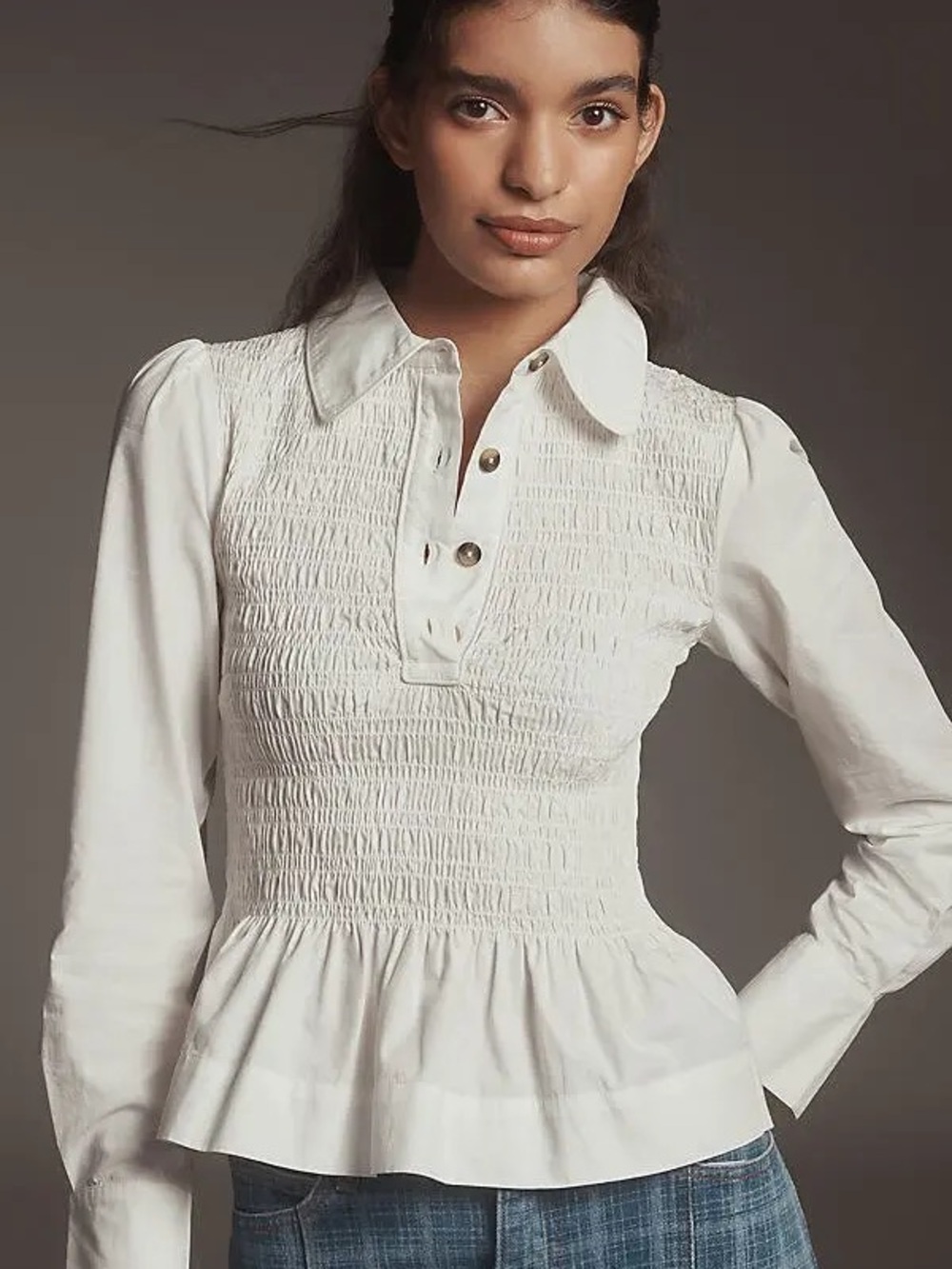 Damson Madder Hazel Shirred Blouse Size UK 12 (US 8) White Career Boho Classic